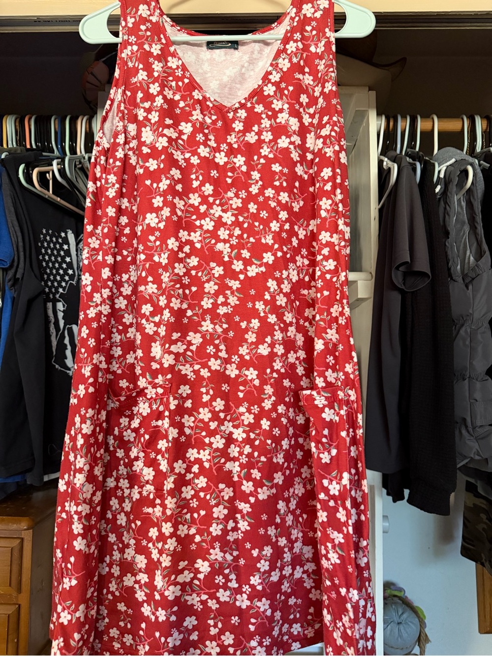 Vibrant Red Floral Midi Dress with Pockets